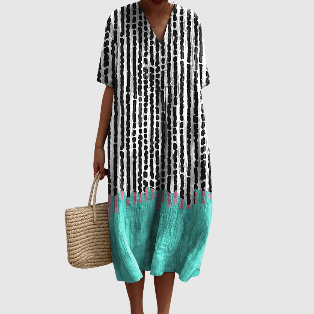 Leonie | Artistic Dot-Stripe Colorblock Dress