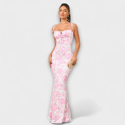 Thalia - Floral Print Prom Dress with Tied Shoulder Straps