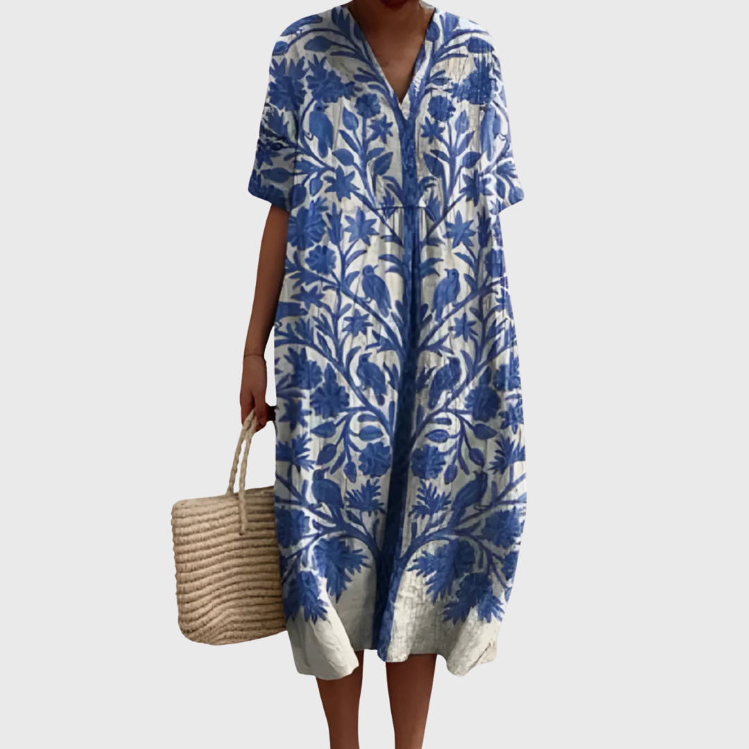 Isobel | Delft Blue Botanical Midi Dress