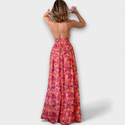 Nortrud - Backless Maxi Dress with Floral Pattern
