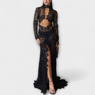 Azalea - Midnight Elegance Transparent Cutout Long Sleeve Stretch Maxi Dress