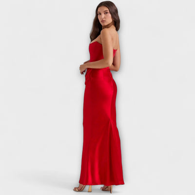 Off-the-Shoulder Satin Maxi Dress with Draping